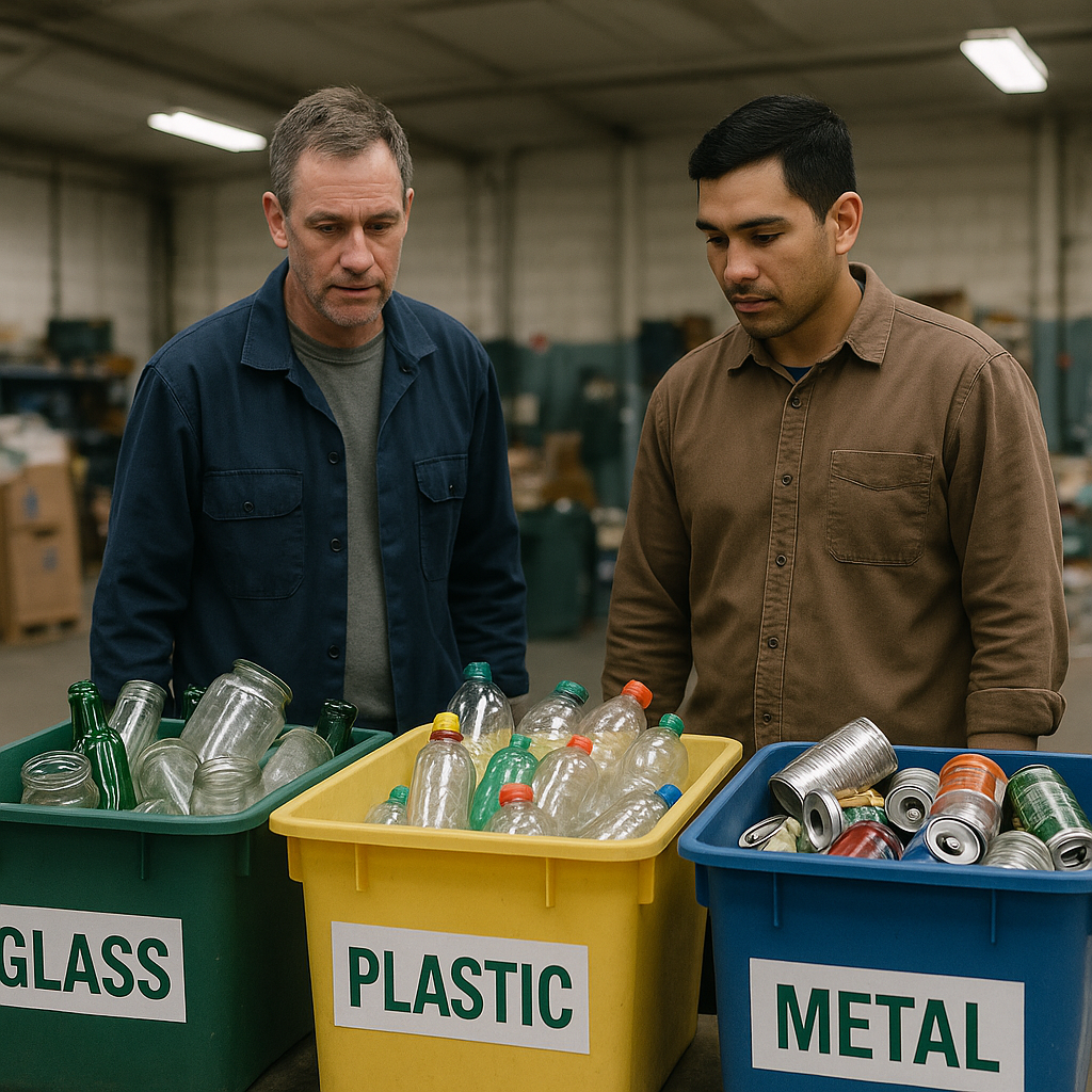 Recycling Center Bins for Sorted Materials Various bins marked for glass, plastic, and metal at a recycling center, each holding sorted materials, with workers assessing the bins indoors.