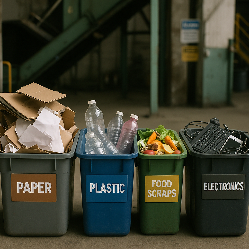 Waste Containers in Recycling Center A collection of various waste containers showing paper, plastic, food scraps, and electronics clearly separated in a recycling center.