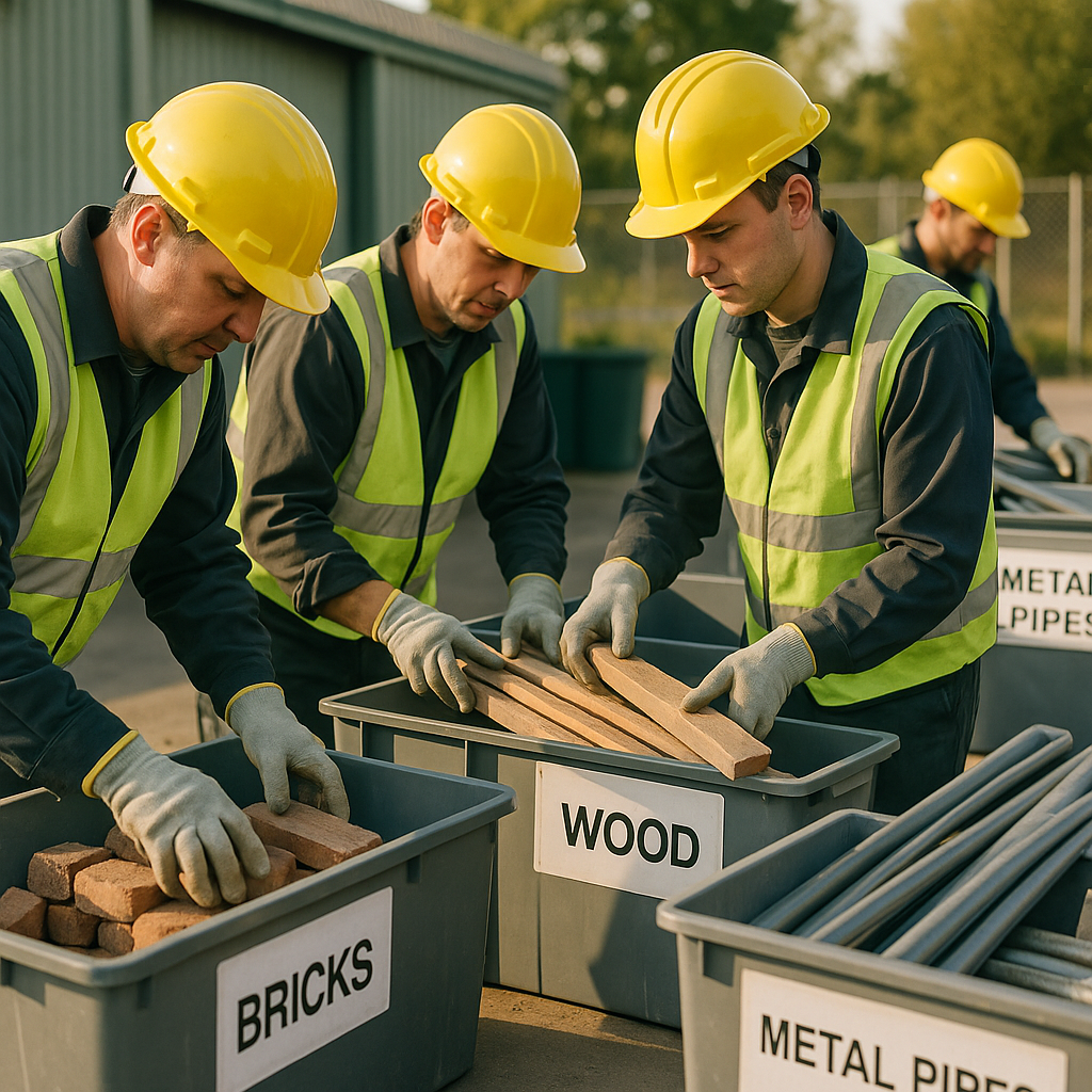 Workers sorting and separating bricks, wood planks, and metal pipes at a recycling center with labeled bins and safety gear.