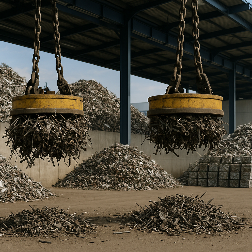 Panoramic View of Recycling Facility Panoramic view of a recycling facility with electromagnets lifting metal scraps and piles of recycled metal in the background, emphasizing efficiency and cleanliness.