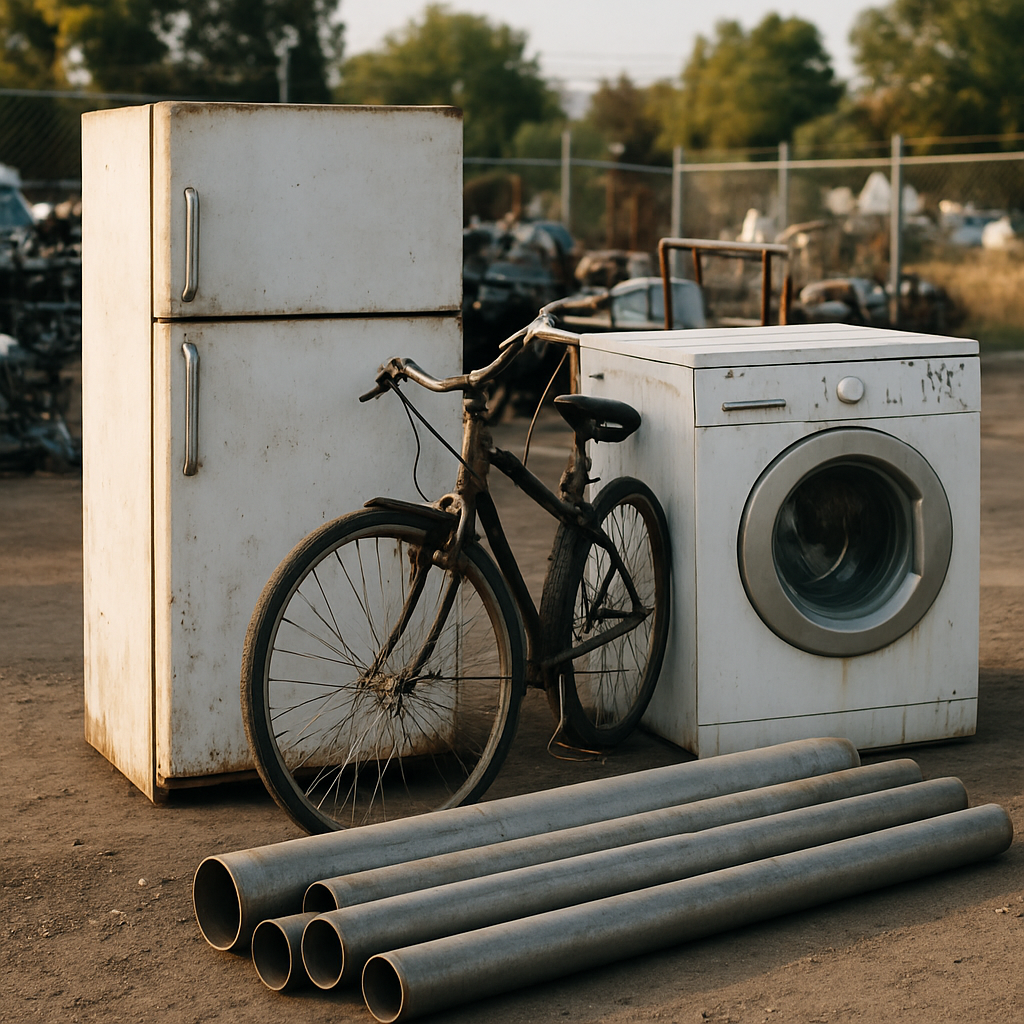 Large Metal Objects Ready for Recycling A variety of large metal objects arranged for recycling, including an old refrigerator, broken bicycle, washing machine, and metal pipes.