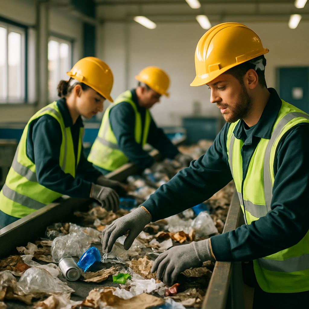 Recycling Plant Workers and Sustainable Practices Workers at a recycling plant sorting recyclable materials on a conveyor belt, emphasizing sustainability and clean workspace.
