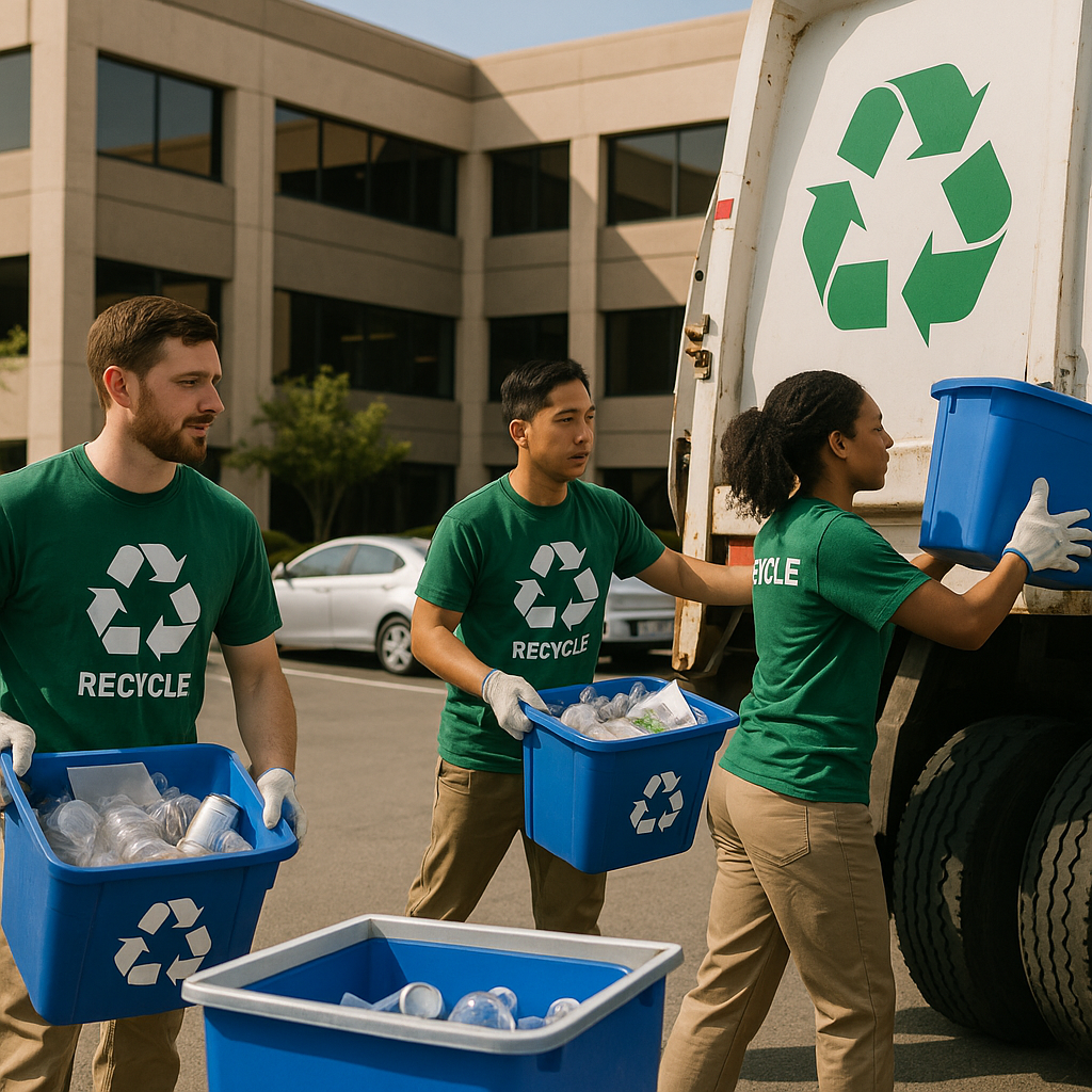 Recycling Collection in Action Recycling staff collecting full bins from cubicles and loading them onto a recycling truck outside a business building on a sunny day.