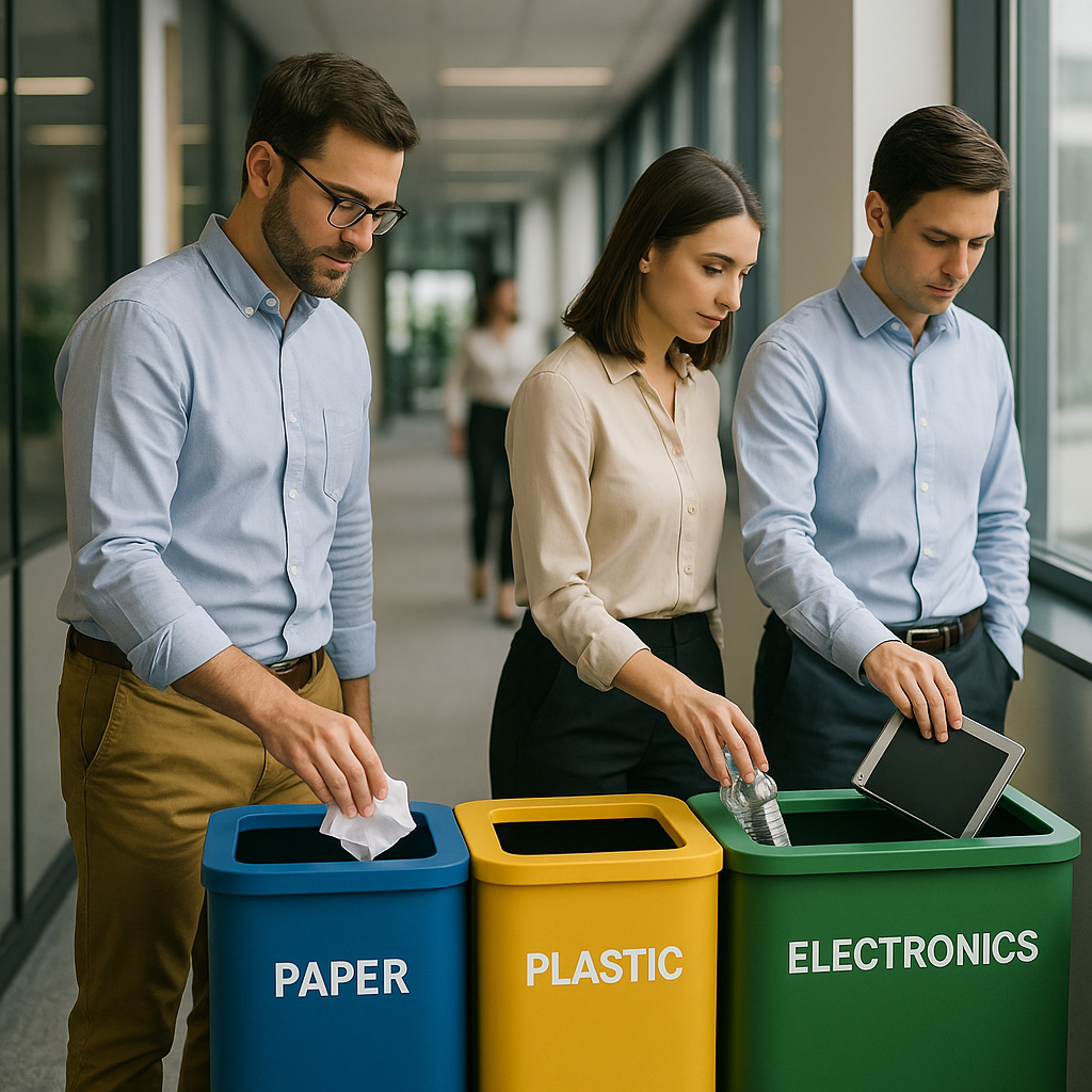 Modern Office Recycling Stations A row of clearly labeled recycling stations in a modern office hallway with color-coded bins for paper, plastic, and electronics, as staff place materials in the correct bins.