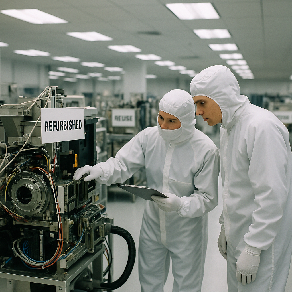 Technicians Inspecting Refurbished Semiconductor Machinery Technicians inspecting refurbished semiconductor machinery in a cleanroom with bright lighting and organized workspace.