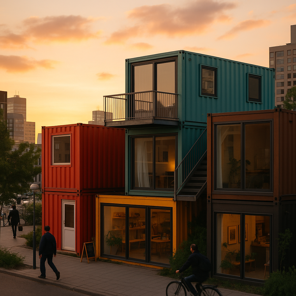 Repurposed Shipping Containers at Sunset Various repurposed shipping containers in different uses such as homes, shops, and studios against a cityscape at sunset, symbolizing innovation and sustainability.