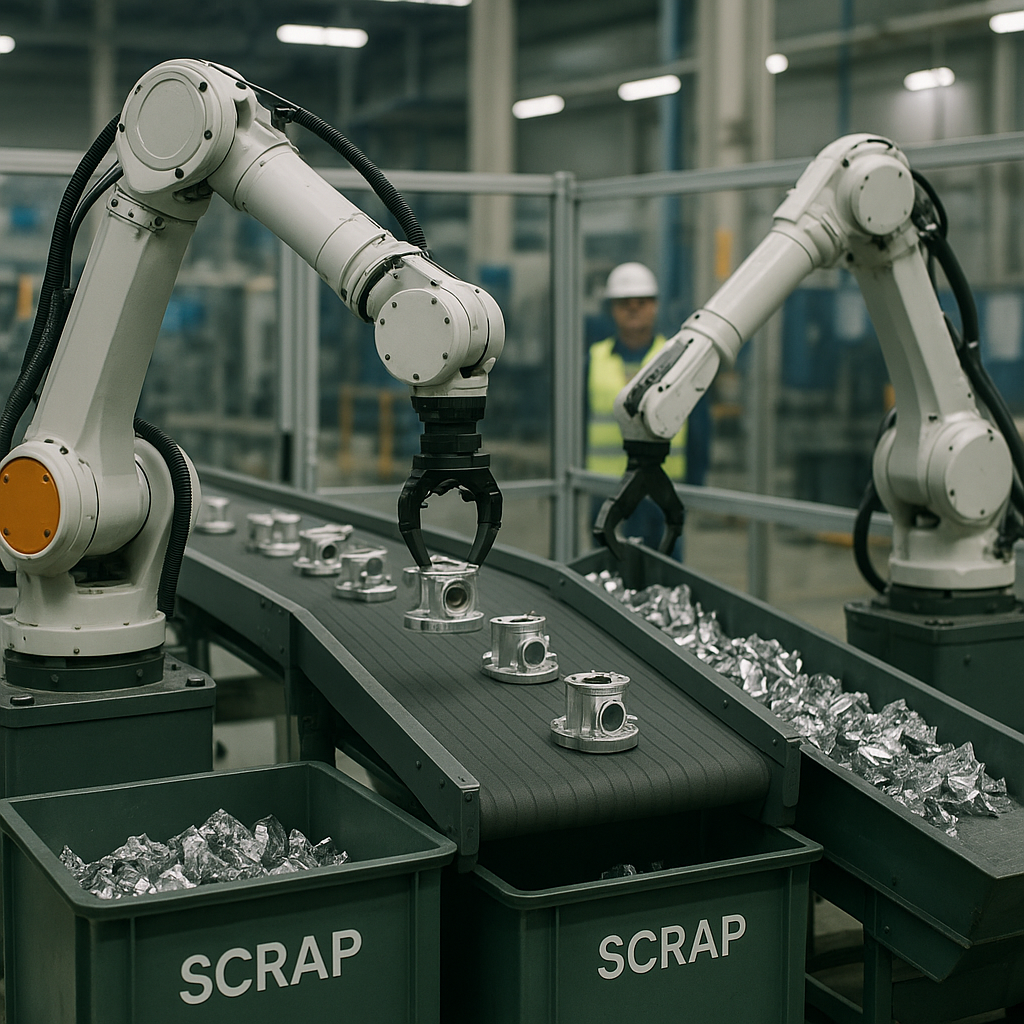 Robotic Arms in Action on Assembly Line Robotic arms sorting metal parts on an assembly line with conveyor belts carrying discarded scraps to separate bins under bright industrial lighting.