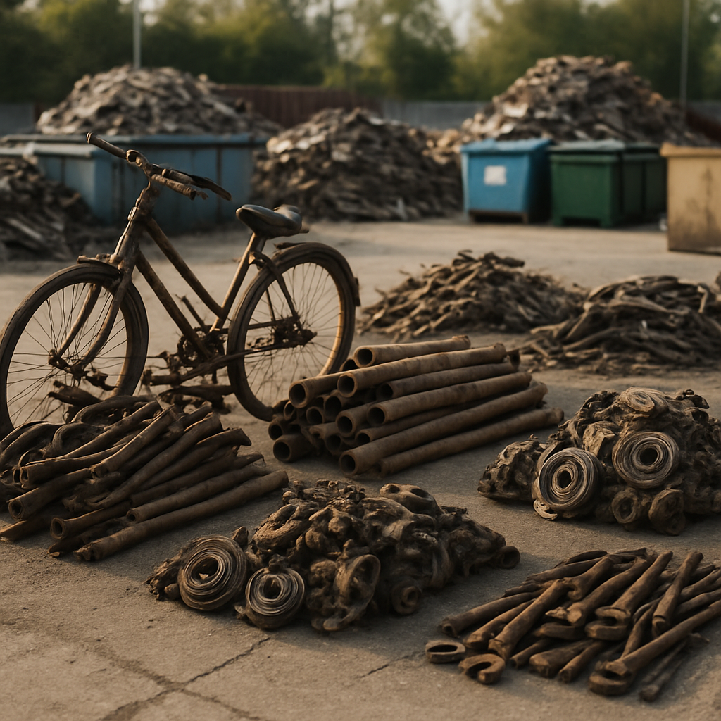 Variety of rusty metal objects including old bicycles, pipes, car parts, and tools at a recycling center outdoors.