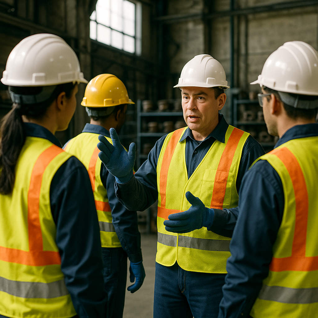 Safety Officer Emphasizing Guidelines in Industrial Setting Safety officer emphasizing guidelines to team in an industrial setting, with everyone wearing proper PPE and magnets stored safely in the background.