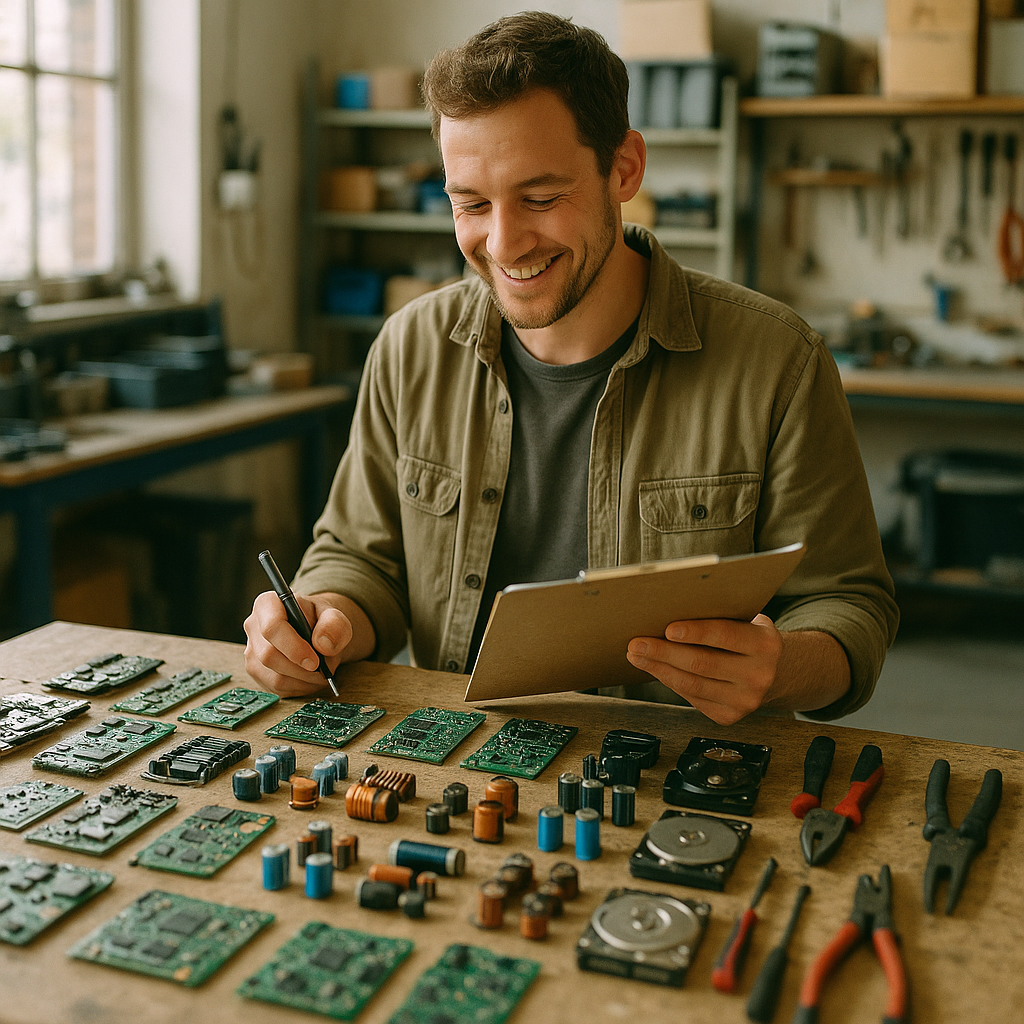 Neatly Organized Salvaged Electronic Components in Workshop Array of neatly organized salvaged electronic components on a table, with a person taking inventory and smiling in a bright workshop setting.