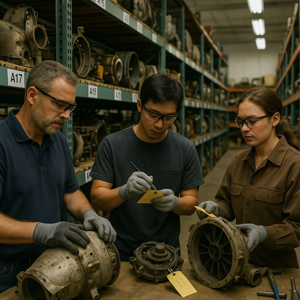 Examination of Salvaged Airplane Parts Workers examining and tagging salvaged airplane parts in an organized warehouse filled with labeled aircraft components.
