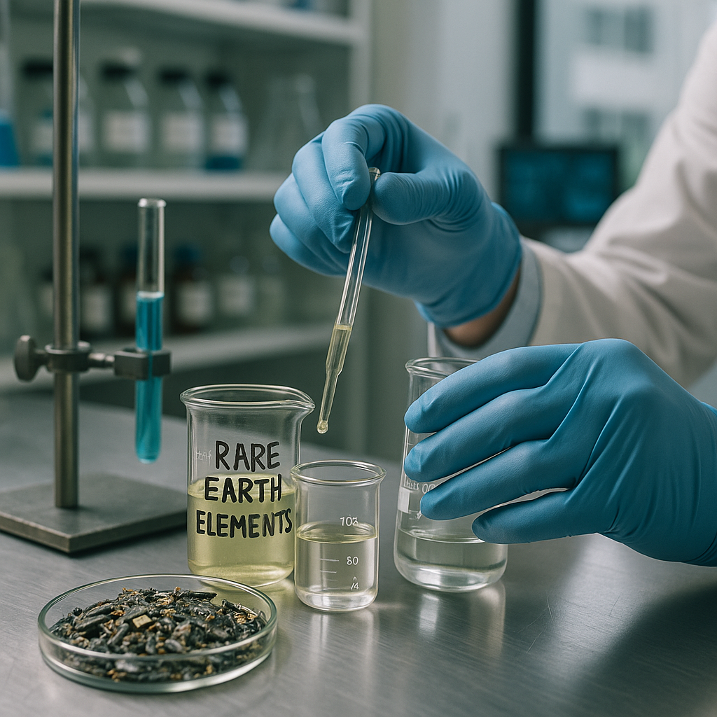 Scientist Operating Laboratory Equipment for Rare Earth Extraction Close-up of a scientist's hands operating laboratory equipment and glassware, extracting rare earth elements from crushed electronic waste in a modern lab.