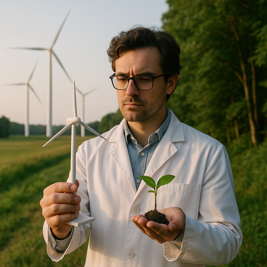 Scientist holding a model wind turbine and a small plant in each hand, standing between a wind farm and a lush forest, with a thoughtful expression.