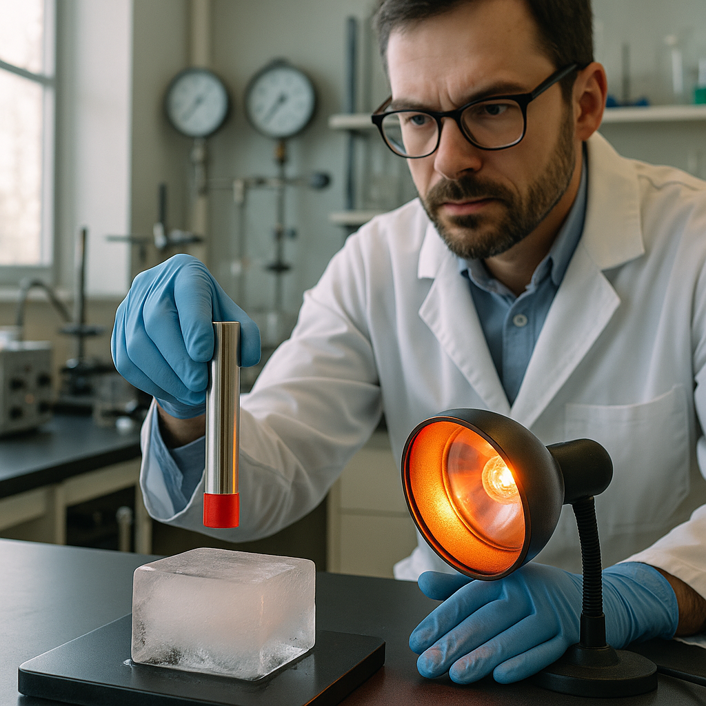 Scientist with Magnet in Laboratory A scientist wearing gloves holds a strong magnet over ice with one hand while positioning the other hand near a heat lamp, surrounded by temperature gauges in a detailed laboratory setting.