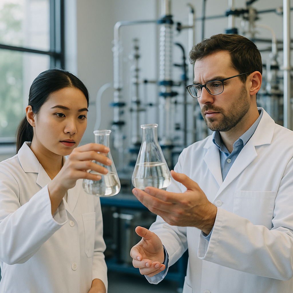 Scientists in Modern Lab Conducting Research Scientists in lab coats examining clear liquid in glass flasks with advanced chemical recycling equipment in the background in a modern laboratory setting.