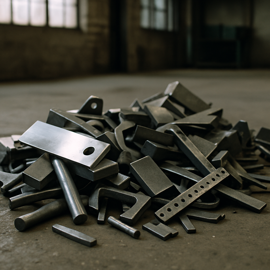 Close-up of a mixed pile of scrap metal, shiny silver and dull gray pieces on a concrete floor