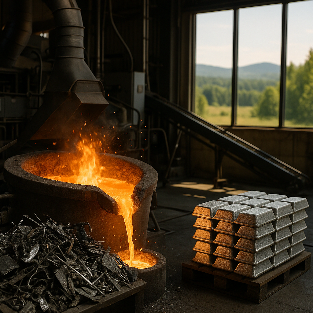 Melting Scrap Metal in Recycling Plant Scrap metal being melted in a recycling plant with fresh metal ingots stacked beside and a view of untouched natural landscape through windows.