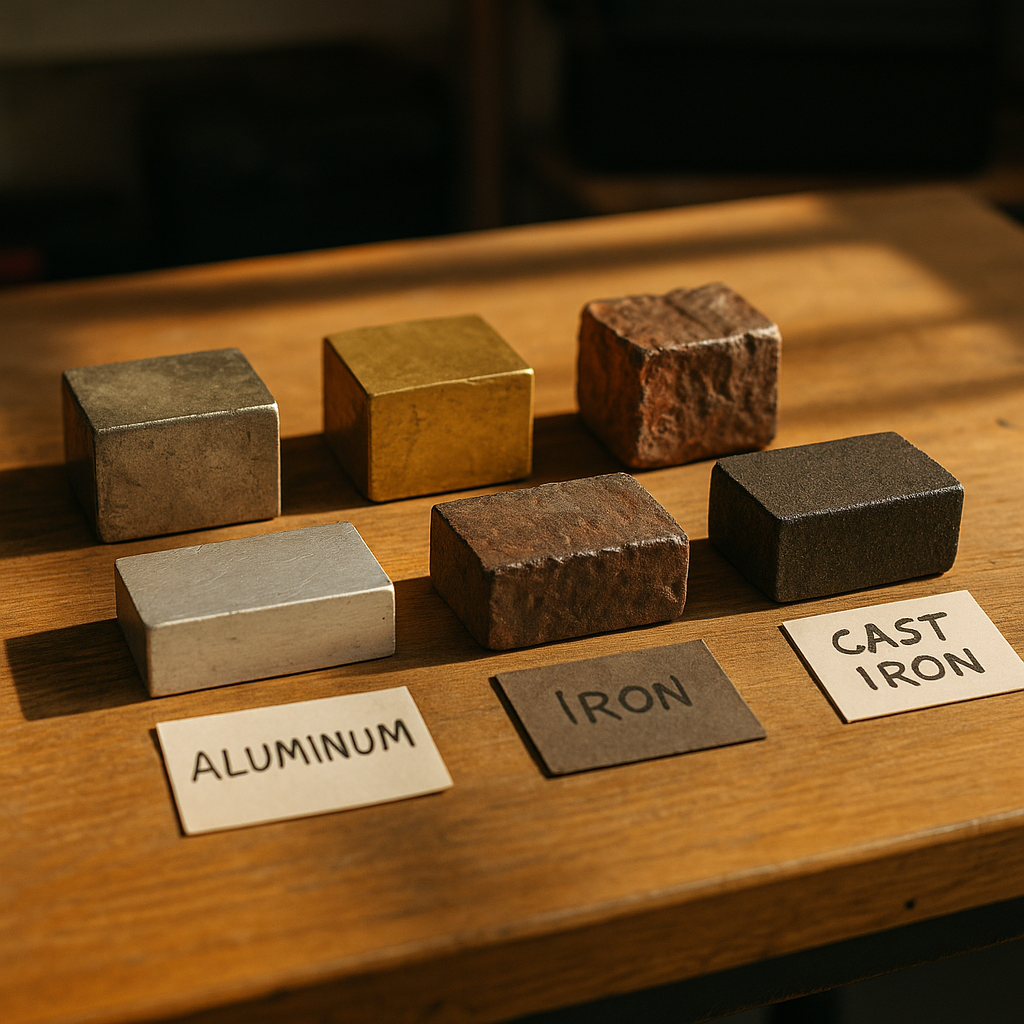 A collection of different scrap metal samples on a table, labeled with their distinct colors and textures under natural lighting.