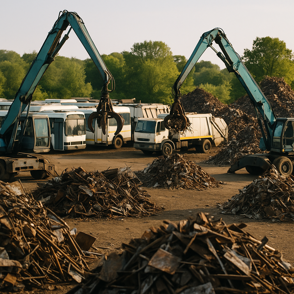 A scrapyard with decommissioned city vehicles and cranes lifting metal parts, surrounded by piles of recycled metal and green space indicating environmental renewal.