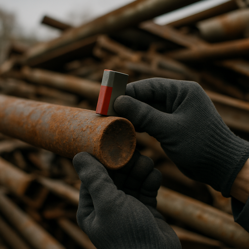Close-up of gloved hands holding a magnet to test rusted metal pipes and beams in a scrapyard under overcast daylight.