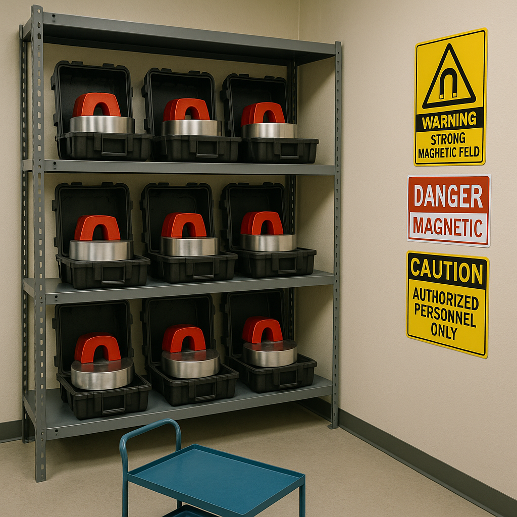 Secure Storage Room with Magnets Secure storage room with large magnets in individual cases, featuring warning signs and organized shelving with a transport cart ready.