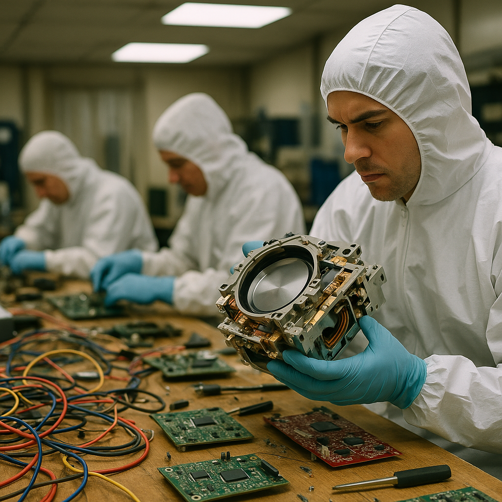 Disassembling Semiconductor Equipment Workers in protective suits disassembling complex semiconductor equipment amidst a cluttered workbench with wires and circuit boards, displaying focused expressions.