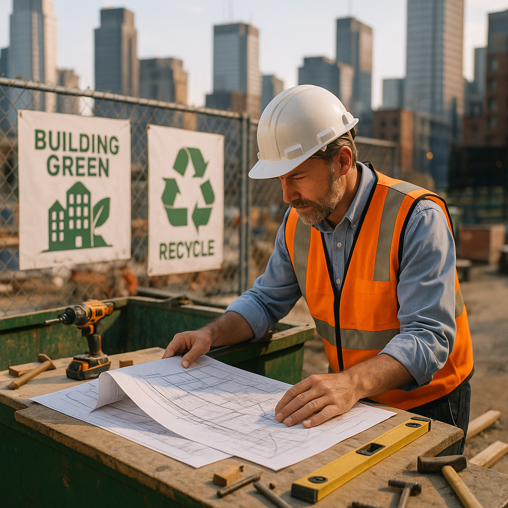 Site manager reviewing blueprints and recycling plans beside a green dumpster with a city skyline in the background and sustainable construction posters on a fence.
