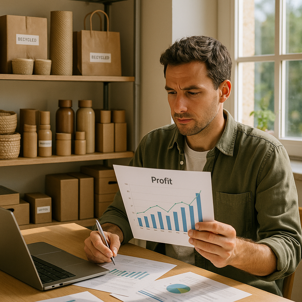 Small Business Owner Analyzing Profits in Eco-Friendly Office Small business owner analyzing profits beside shelves filled with products made from recycled materials in a bright office.