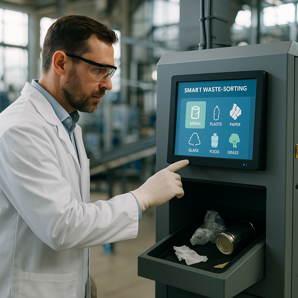 Smart Waste-Sorting Machine Demo Engineer demonstrating a smart waste-sorting machine with a touchscreen display in an industrial facility.
