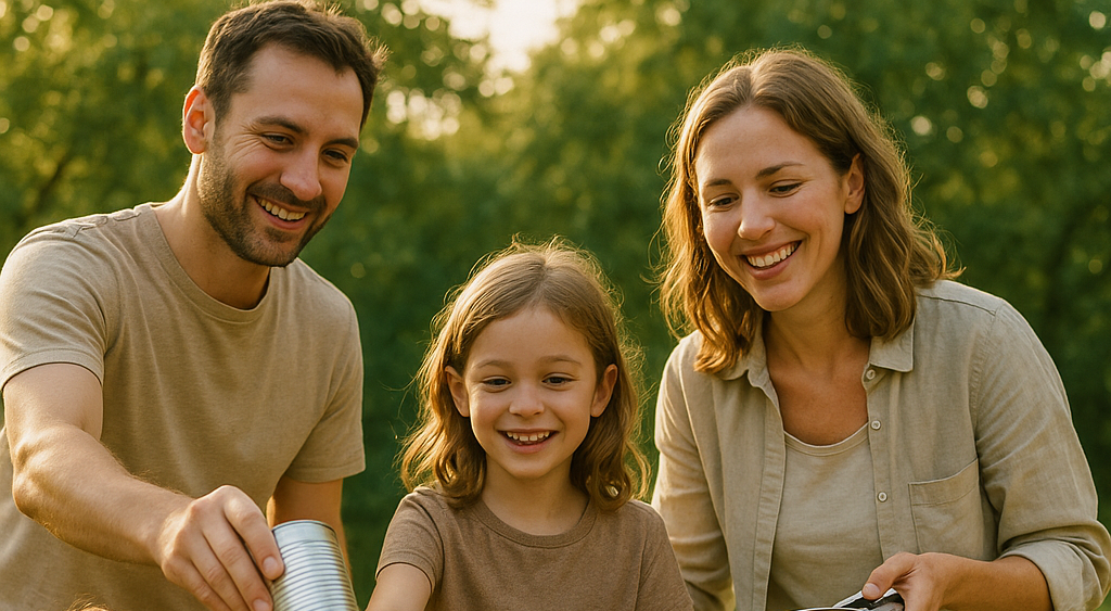 Smiling family placing metal items in a recycling bin outdoors with green trees in the background and sunlight emphasizing an eco-friendly atmosphere.