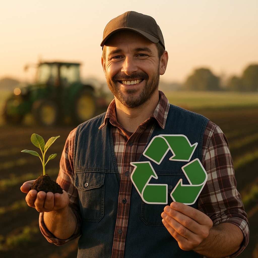 Smiling farmer standing in a field holding a small plant and a recycling symbol, with modern farm equipment visible in the background during sunrise.