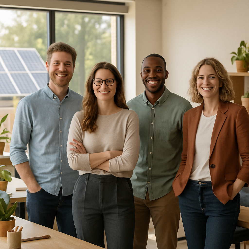 Smiling Staff in Eco-Friendly Office Staff standing in an eco-friendly office with minimal waste, potted plants, and solar panels visible outside the window.