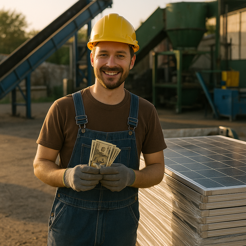 Smiling Worker with Solar Panel Materials Smiling worker holding cash payment beside packaged recovered solar panel materials with solar panels and recycling equipment in the background.