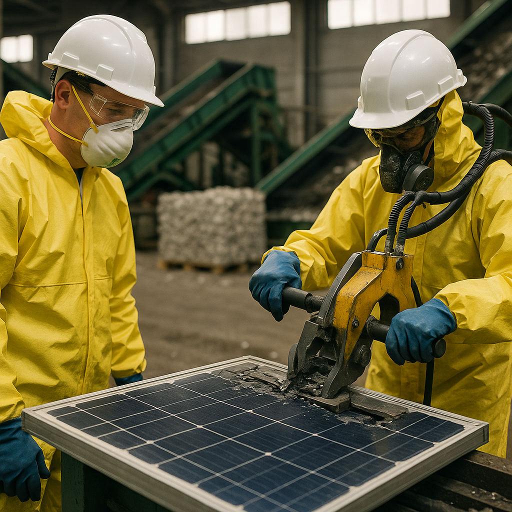 Recycling Old Solar Panels Technicians in protective gear operating machinery to break down old solar panels in an industrial recycling facility with conveyor belts and sorted materials visible.