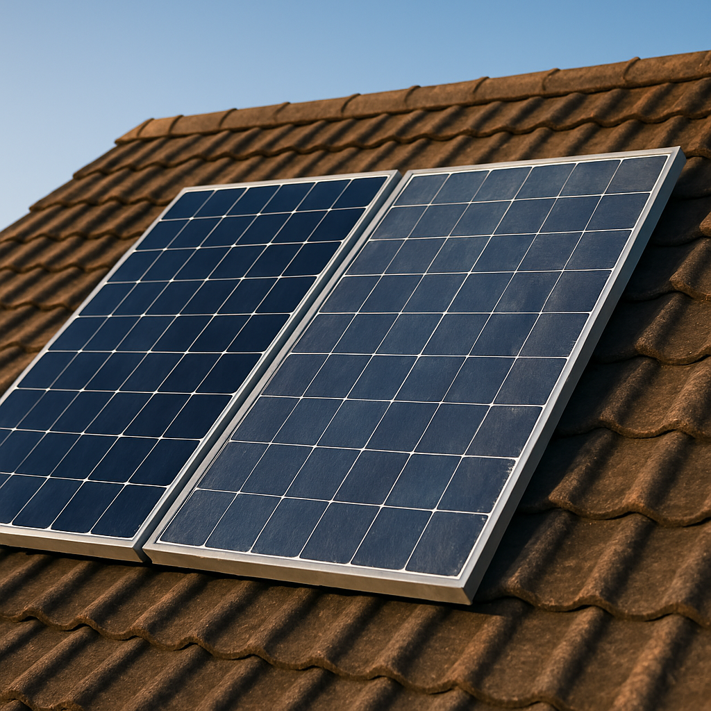 Old vs New Solar Panels on Rooftop Two solar panels on a rooftop: one shiny new panel and one weathered old panel under a clear sky.