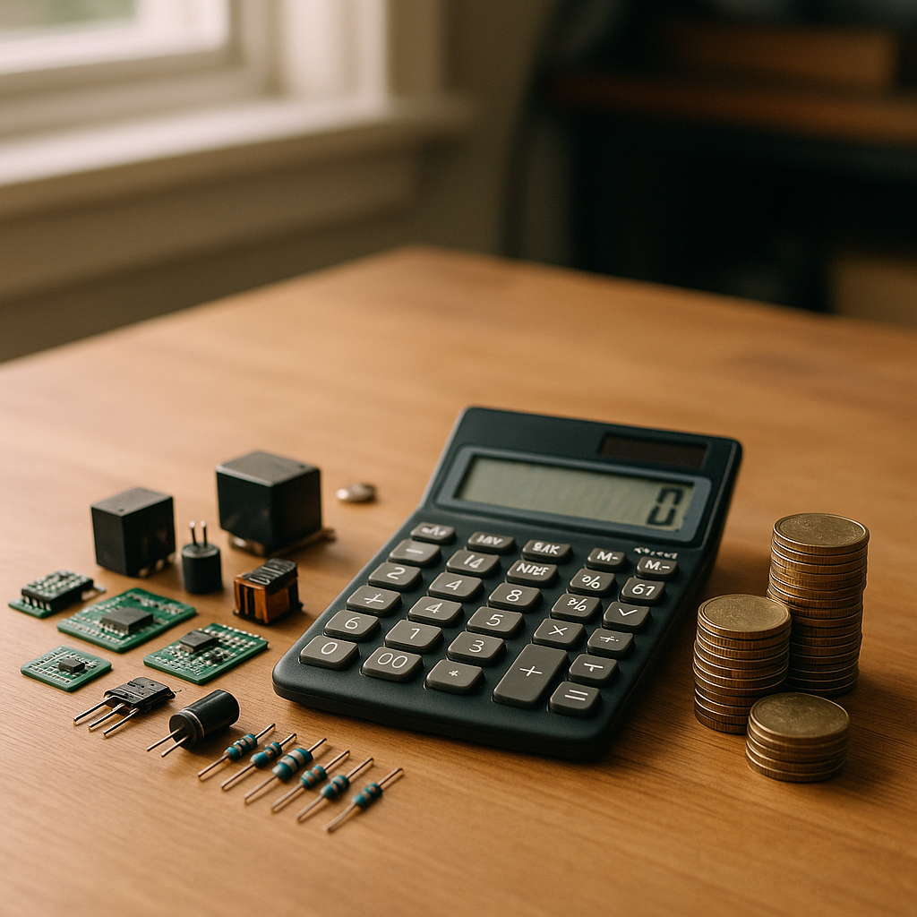 Financial Savings Display with Electronics and Coins Tabletop scene featuring salvaged electronic parts, a calculator, and stacks of coins, symbolizing financial savings.