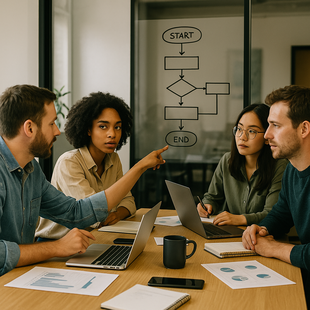 Team Collaboration on Flowchart Focused team collaborating with laptops, notepads, and printed charts in a well-lit office, pointing at a step-by-step flowchart on a glass wall