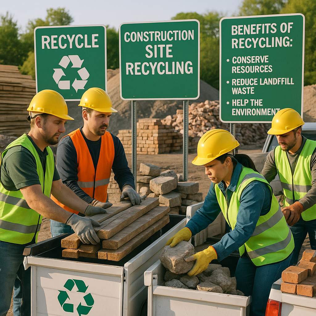 Team Loading Demolition Materials for Recycling Team loading sorted demolition materials onto recycling trucks in a clean site with visible environmental signage.