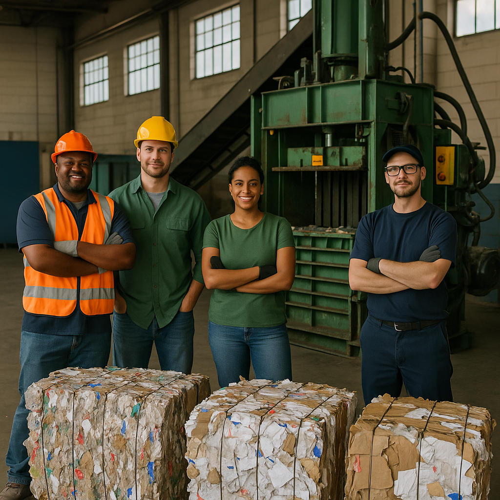 Workers Celebrating Accomplishments in Recycling Warehouse Team of workers posing proudly by bundled bales and recycling equipment in a tidy warehouse, conveying a sense of accomplishment.