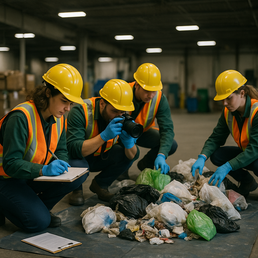 Waste Sorting Team at Work Team of workers in gloves and safety vests sorting waste on tarp in a commercial facility, taking notes and photos.