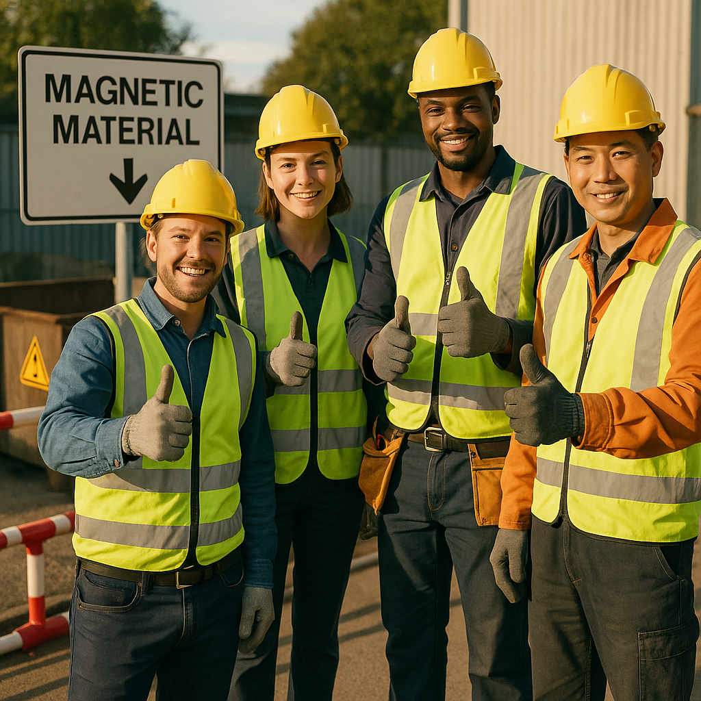 Workers at Magnetic Material Disposal Team of workers giving thumbs up next to organized magnetic material disposal area with clear signs and safety measures visible