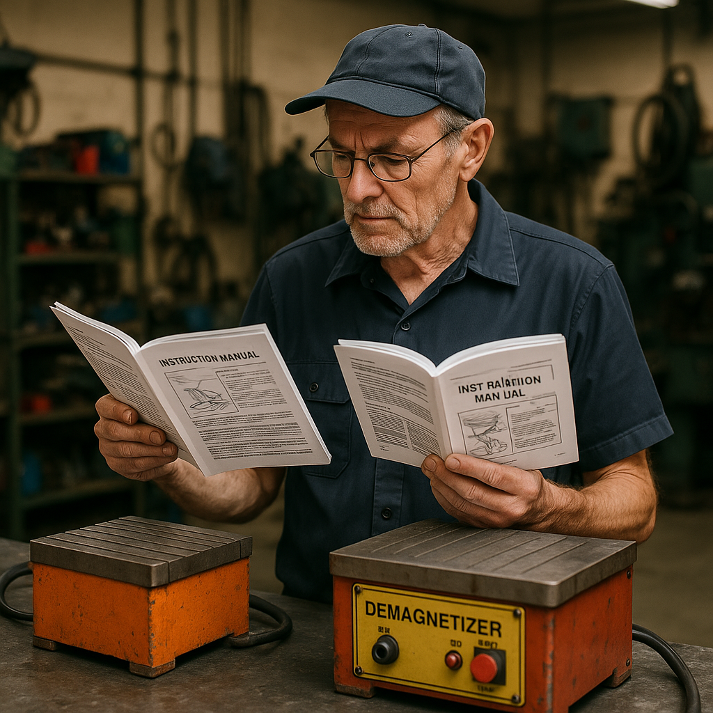 Technician Reviewing Demagnetization Equipment An experienced technician reviews demagnetization equipment options in a workshop, comparing instruction manuals beside large industrial magnets.