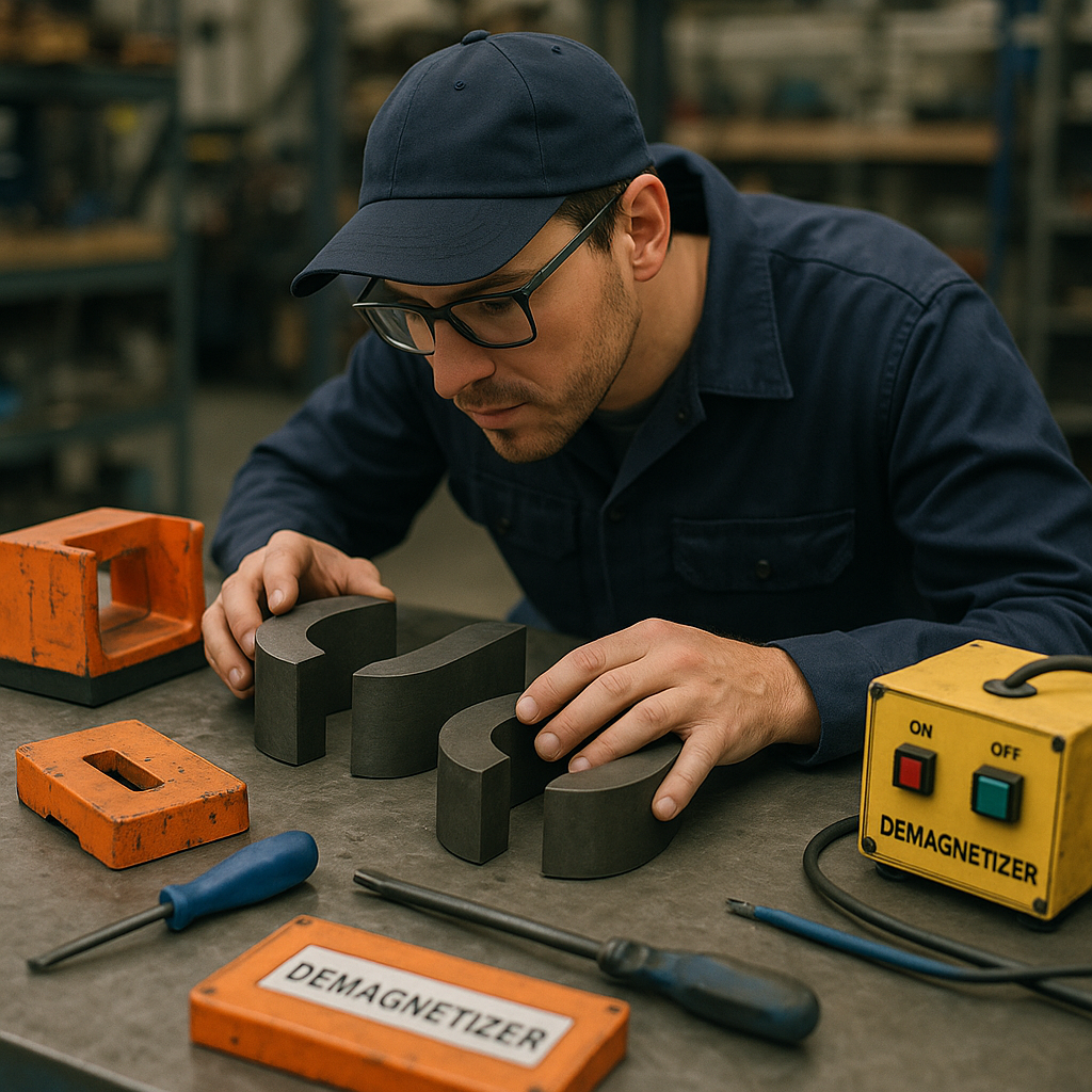 Technician Examining Magnets in Workshop Technician examining large magnets with demagnetizing tools in a well-lit industrial workshop