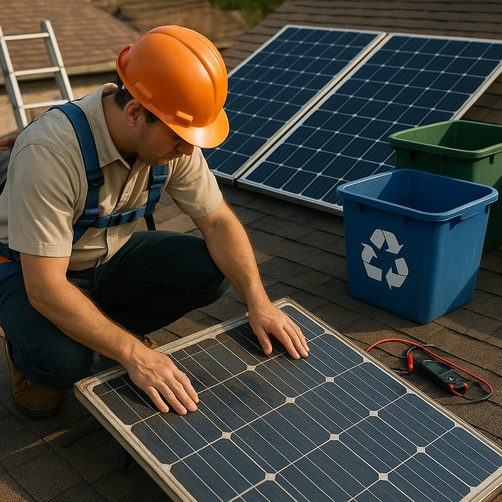 Inspection of Solar Panels: Replacement vs Recycling Technician inspecting old solar panels on a roof, with new panels and recycling bins nearby.