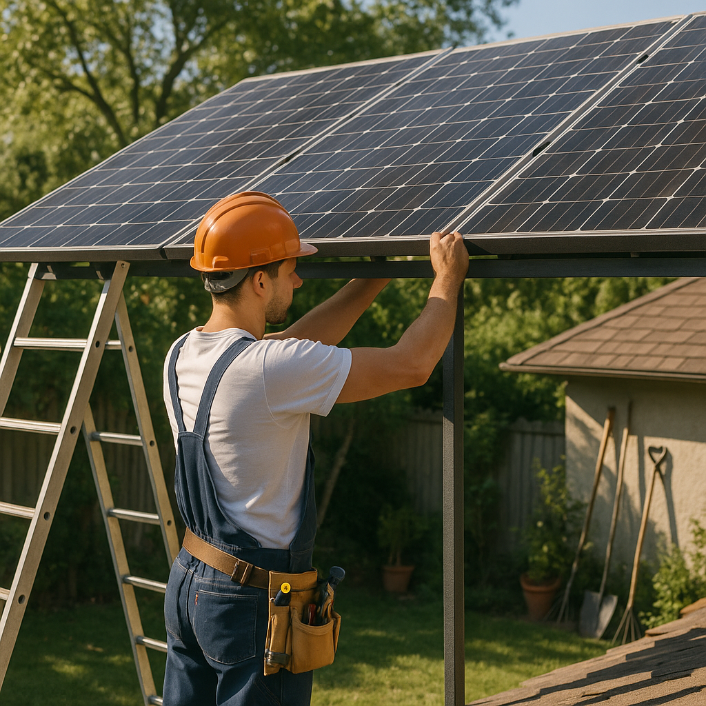 Installation of Used Solar Panels in Backyard Technician installing used solar panels as a roof shading structure in a sunny backyard.