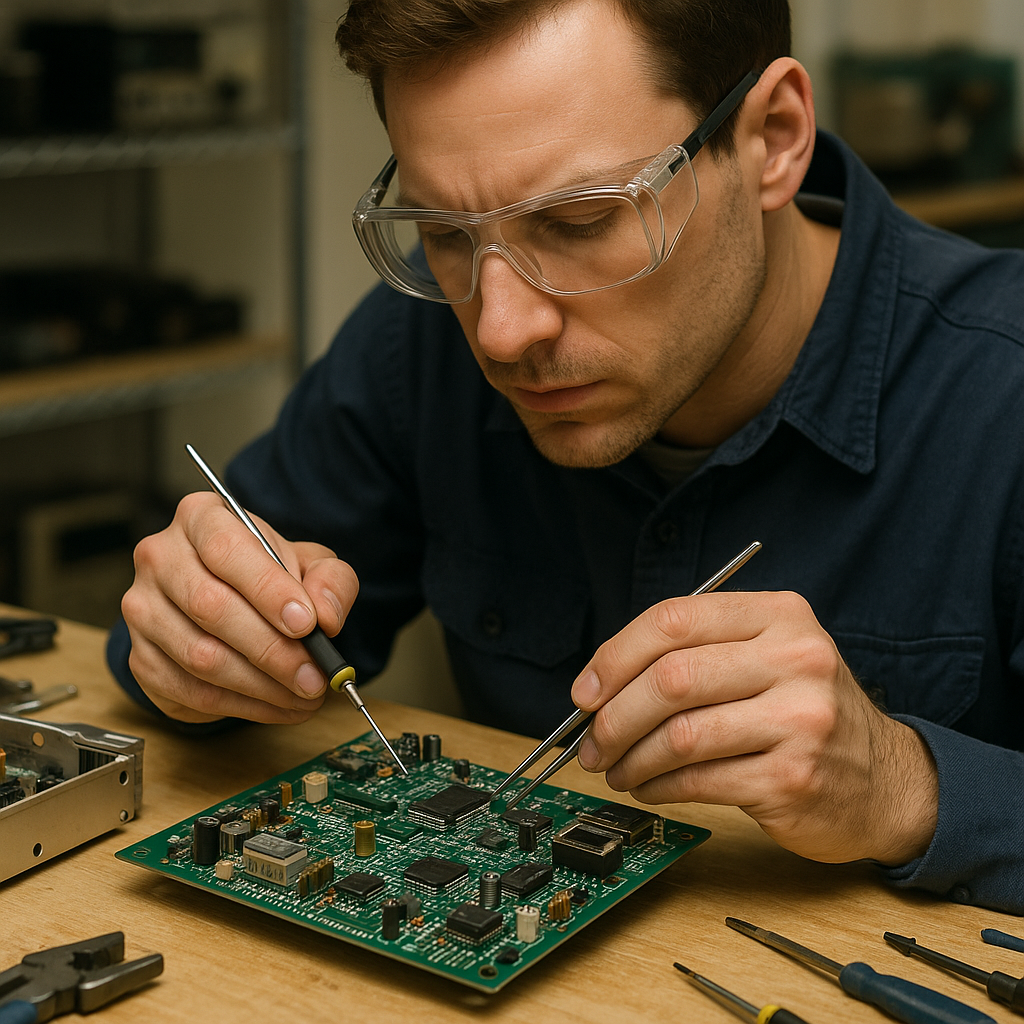 Technician Working on Circuit Boards Technician carefully removing circuit boards from old electronics at a well-lit workbench, using precision tools and safety gear.