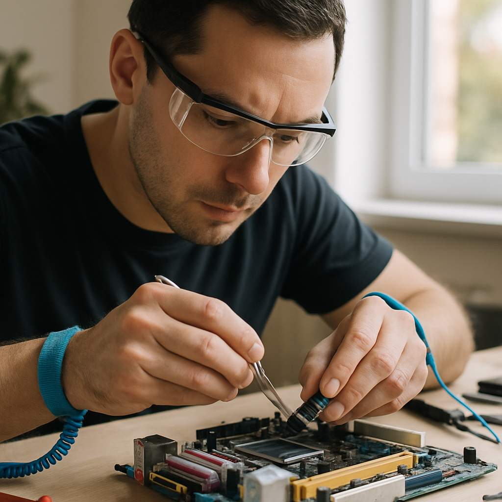 Technician at Work on Motherboard Technician removing electronic parts from a motherboard with precision tools in a well-lit workspace