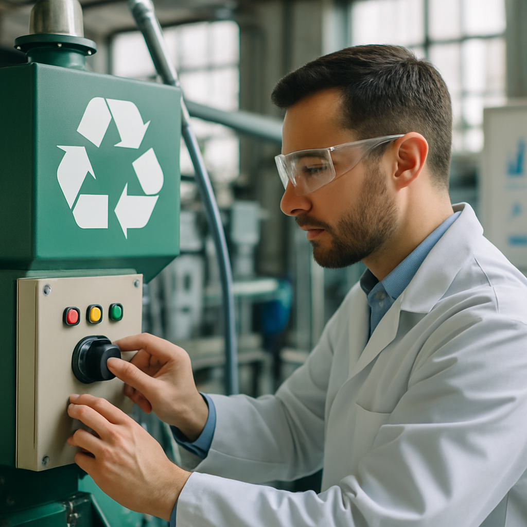 Technician Optimizing Recycling Machine Technician tuning a recycling machine for efficiency on a clean factory floor with organized equipment and progress graphs nearby.