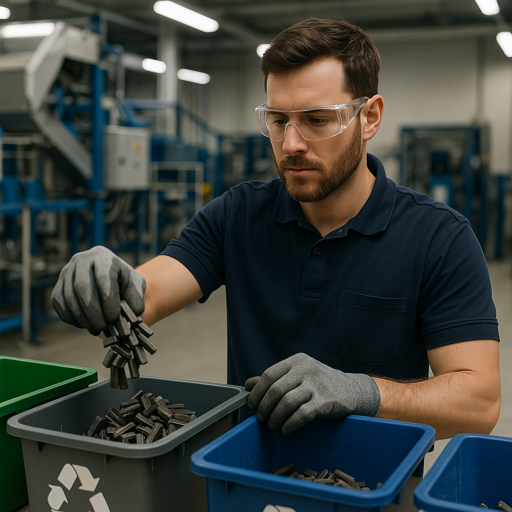 Technician Sorting Recycling Materials A technician sorting magnetic materials into separate recycling bins in a clean, modern recycling center.