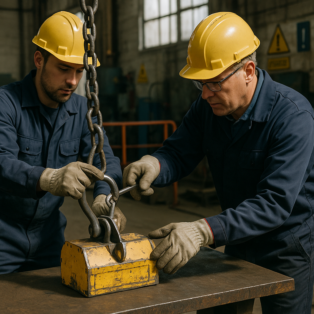 Industrial Technicians Disconnecting Magnetic Lifter Technicians wearing hard hats and safety gloves disconnecting a heavy magnetic lifter in an industrial workshop with warning signs and safety barriers visible.